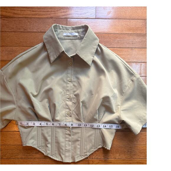 AEL Amy Enjoy Life cropped button down collar shirt Tan Large - Picture 8 of 10
